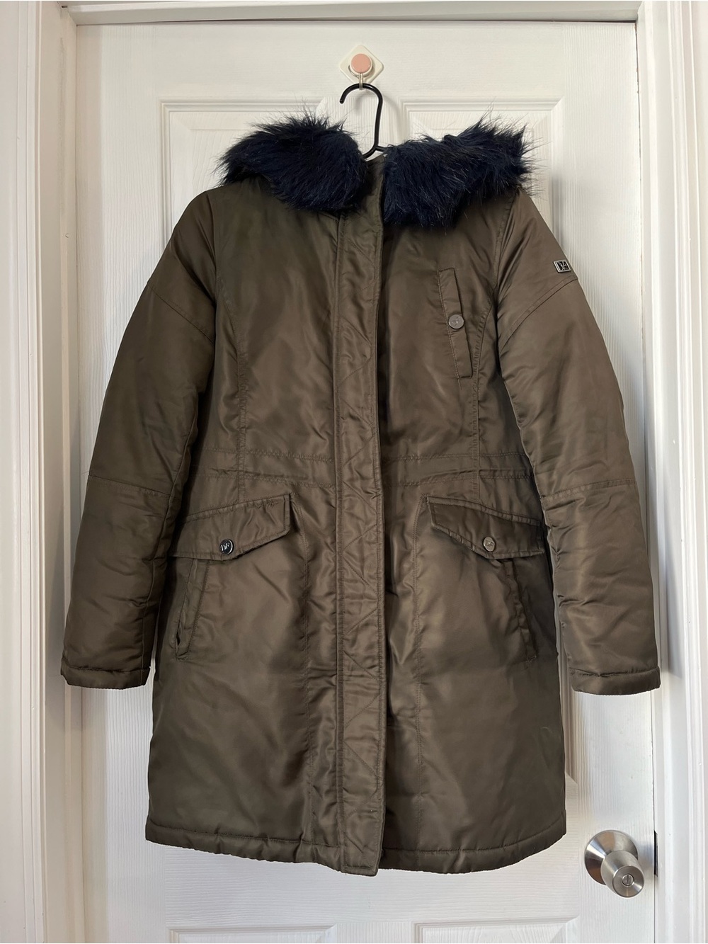 DVF Women's Olive Faux Fur Hood Puffer parka Coat size XS